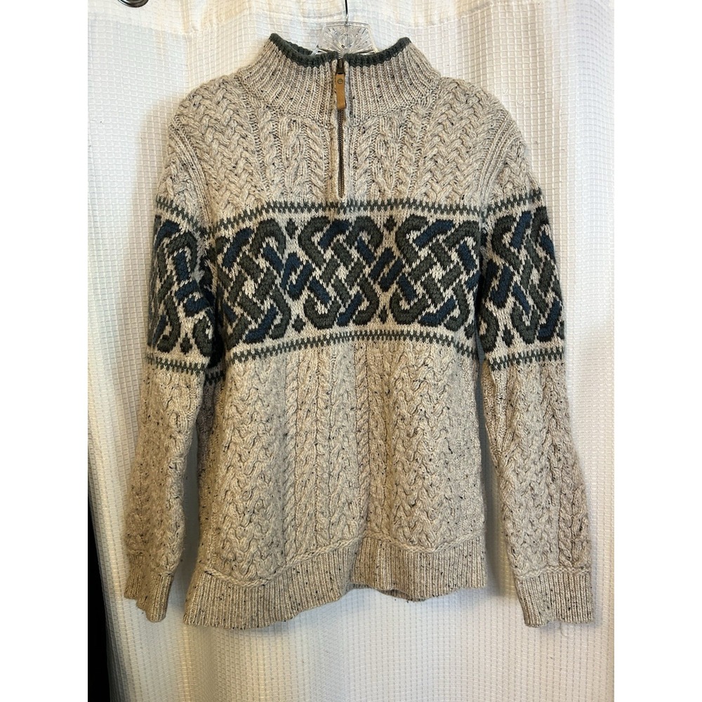 Aran Crafts Merino Wool Celtic Jacquard Sweater Mens Medium Gray Winter 1/4 Zip
